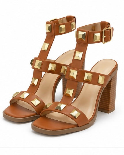 Sandalias de tacón con aplicaciones geométricas — Camel